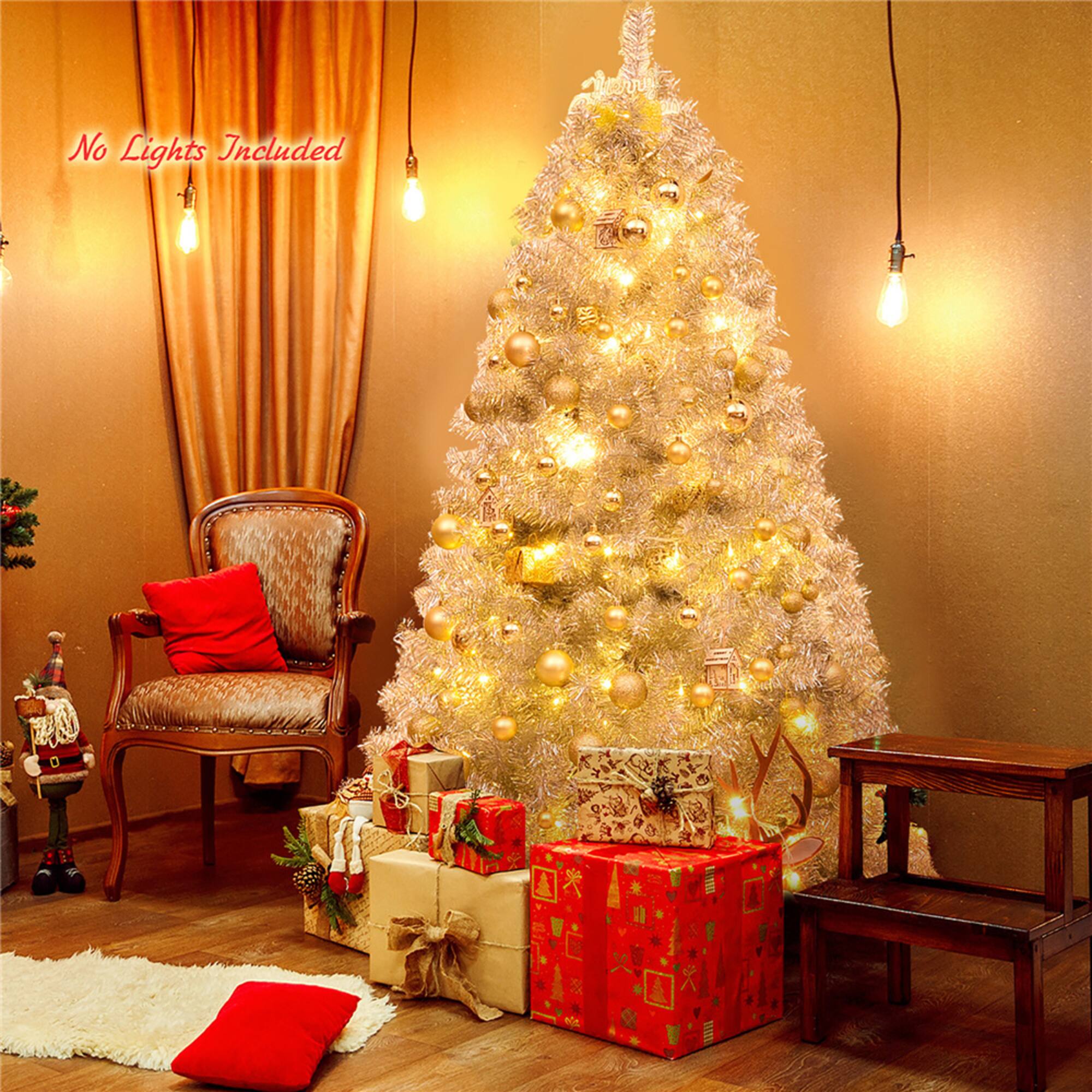 Costway 6ft. Unlit Artificial Silver Tinsel Hinged Christmas Tree with Metal Stand